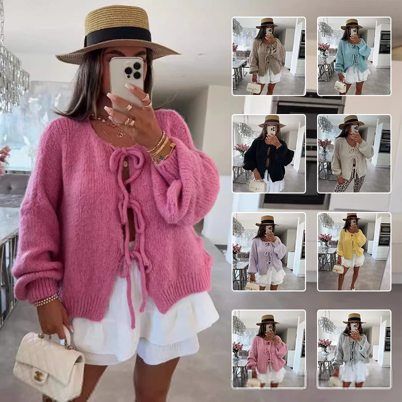 Casual Knitted Bow Lace Up Cardigan Women Solid O-Neck Short Sleeve Hollow Out Sweater Female Autumn Lady Solid Streetwear