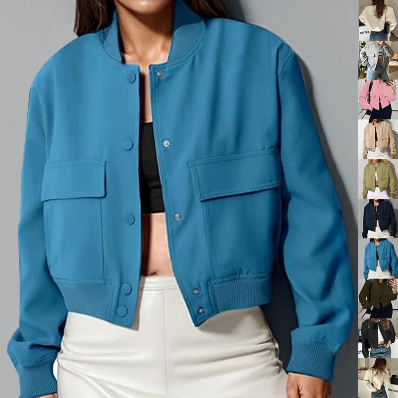 Fashion Button Stand-Collar Jacket With Big Pockets Casual Loose Short Outwear Tops Coat For Women Clothing
