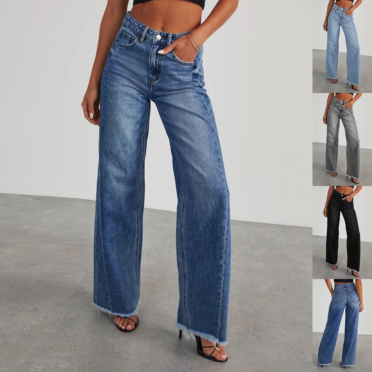 Fashion High Waist Jeans With Pockets Comfortable Slim Fit Straight Wide-Leg Pants Womens Clothing