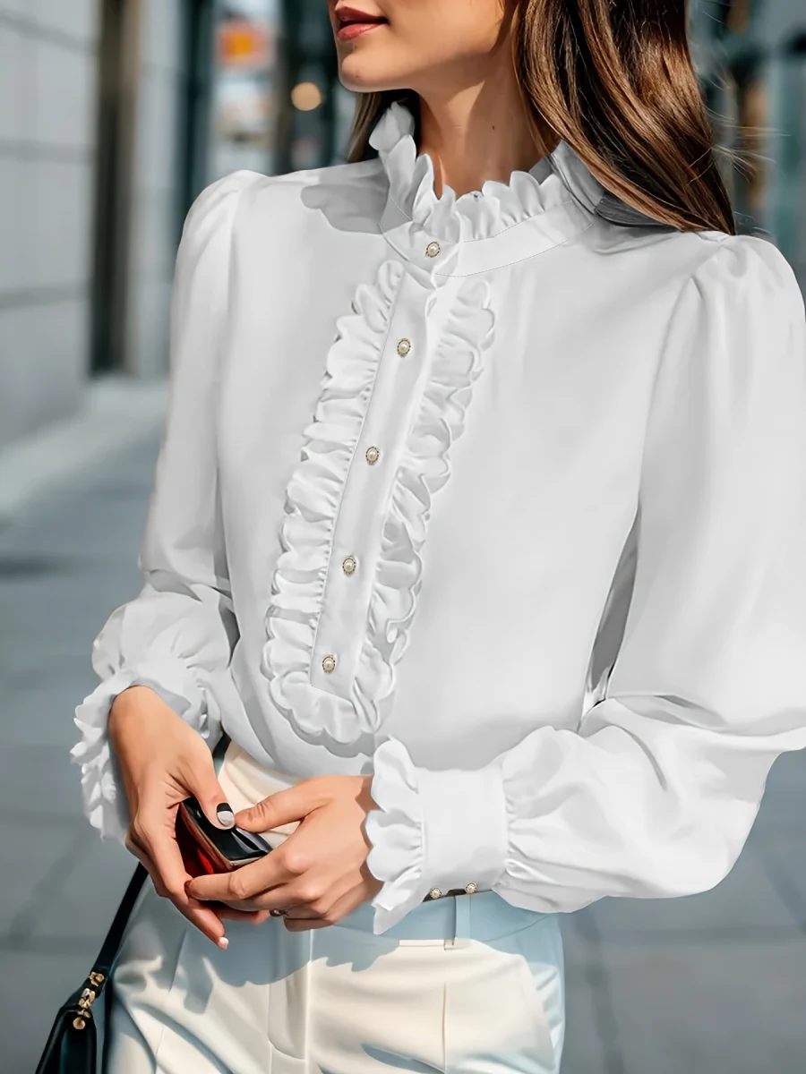 Fashionable Stand-Up Collar Long-Sleeved Shirt With Lotus Leaf Hem