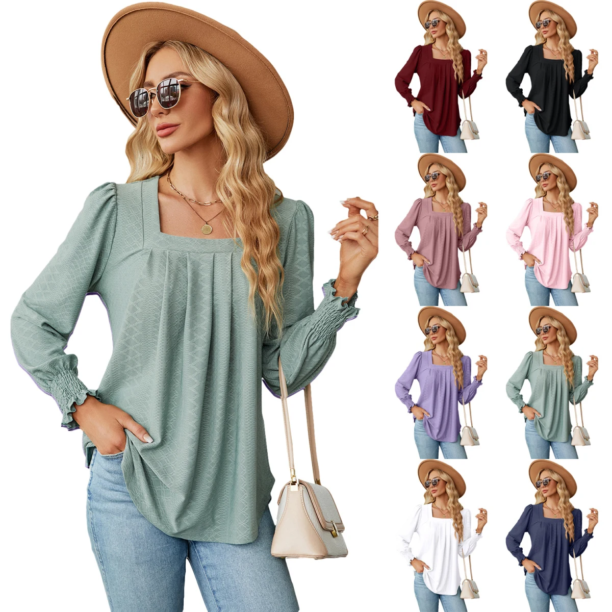 Jacquard Pleated Square Collar Long Sleeve Swallowtail Solid Color T-Shirt For Women