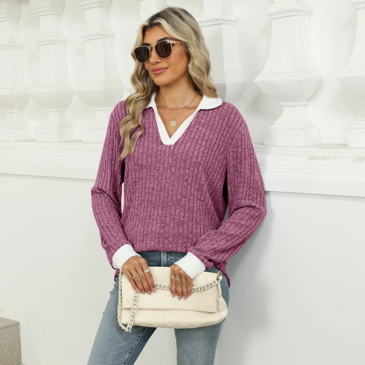 Lapel Long Sleeve Loose-Fitting T-Shirt Top Women