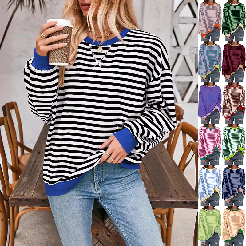 Loose Striped Long Sleeve T-Shirt Casual Pullover Sweater For Womens Clothing