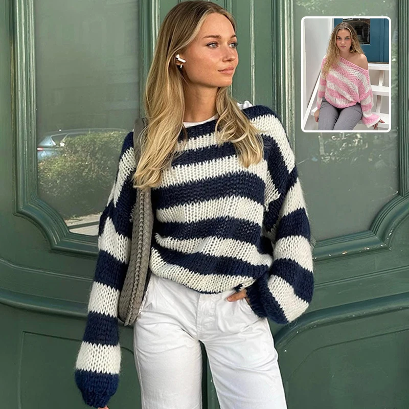 Loose Striped Pullover Sweater Fashion Versatile Long-Sleeved Knitted Tops For Women Clothing
