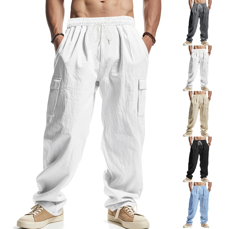 Men's Workwear Multi-Pocket Straight Linen Pants Linen Four Seasons Thin Breathable Cargo Pants, Multi-Pocket Loose Casual Trendy Wide-Leg Pants