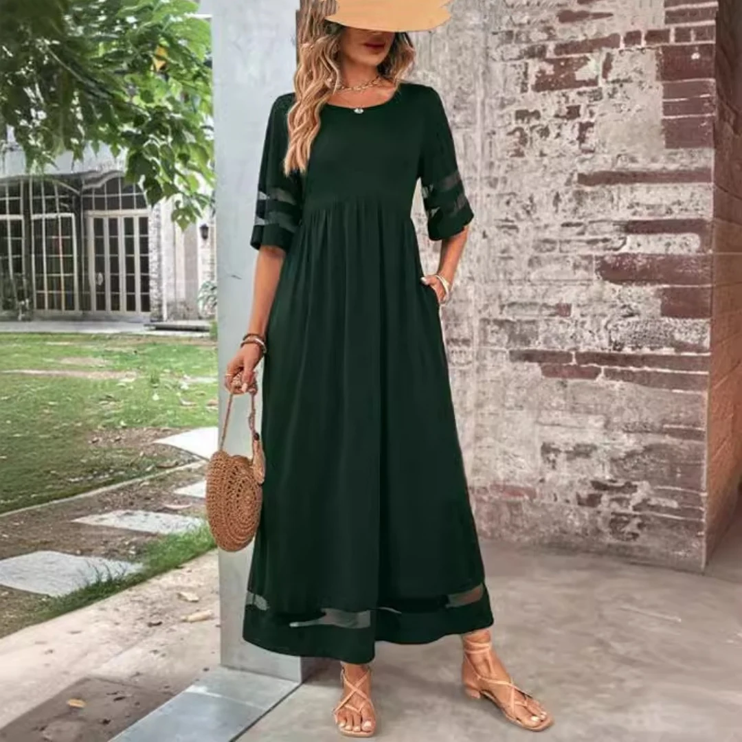 New Hot Sale Five-Quarter Sleeve Mesh Patchwork Round Neck Pocket Dress
