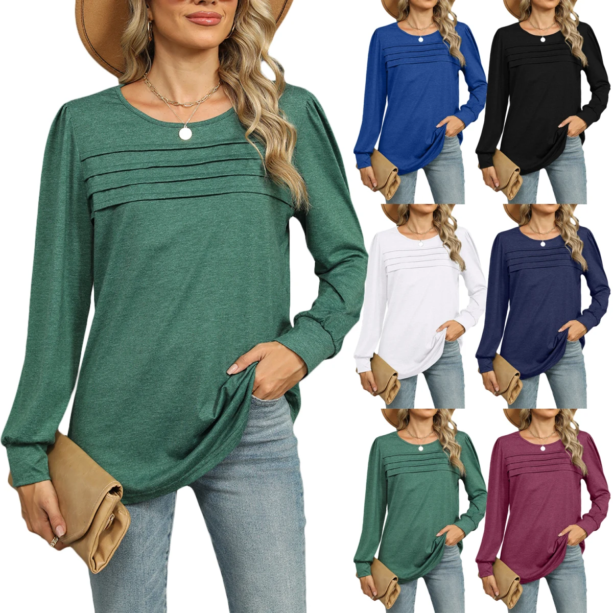 Solid Color U-Neck Pleated Long-Sleeved T-Shirt Top For Women