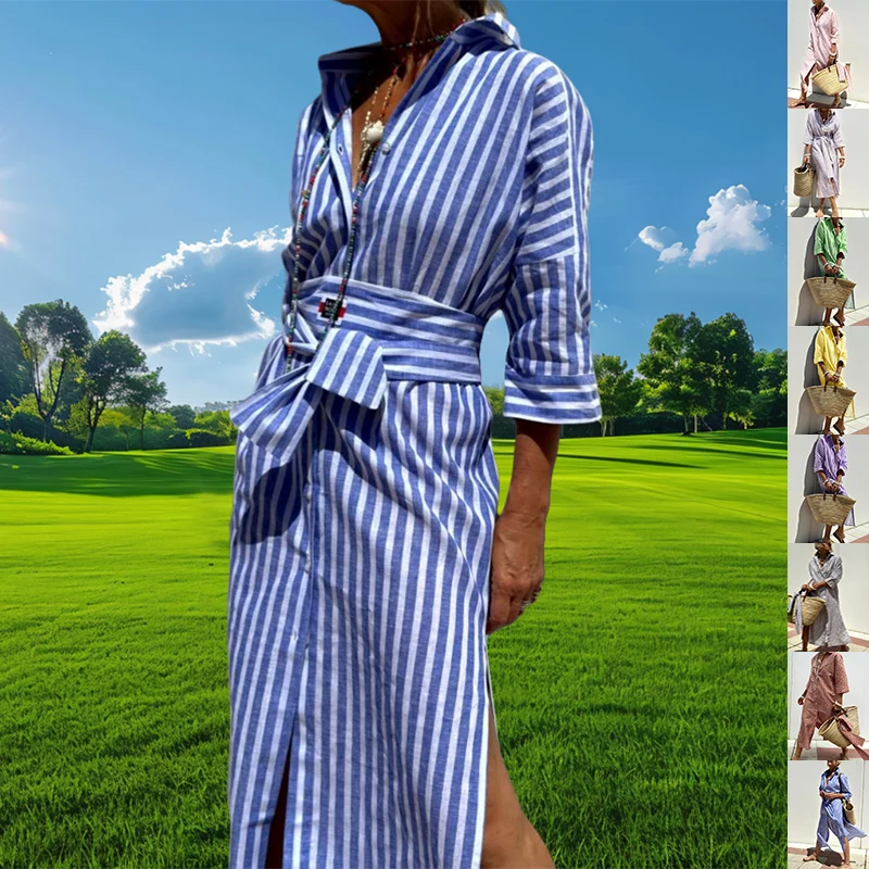 Striped Shirt Dress With Belt Fashion Half-Sleeved Lapel Button Cardigan Dresses Women's Clothing