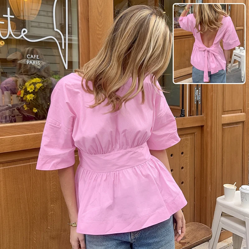 Summer Backless Short Sleeve T-Shirt With Back-Tied Design Fashion Bat Sleeve Top For Women Clothing