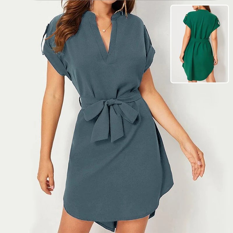 V-Neck Short Sleeve Dress With Belt Summer Fashion Bowknot Dresses For Women Clothing
