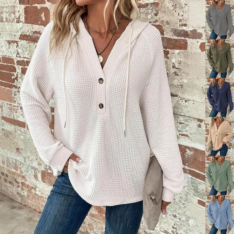 Waffle Hooded Sweater Sweatshirt Fashion Casual Long-Sleeved Drawstring V-Neck Buttons Top Women's Clothing