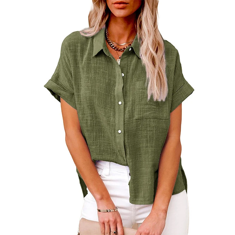 Women's Fashion Casual Cotton Linen Pocket Short-Sleeved Shirt