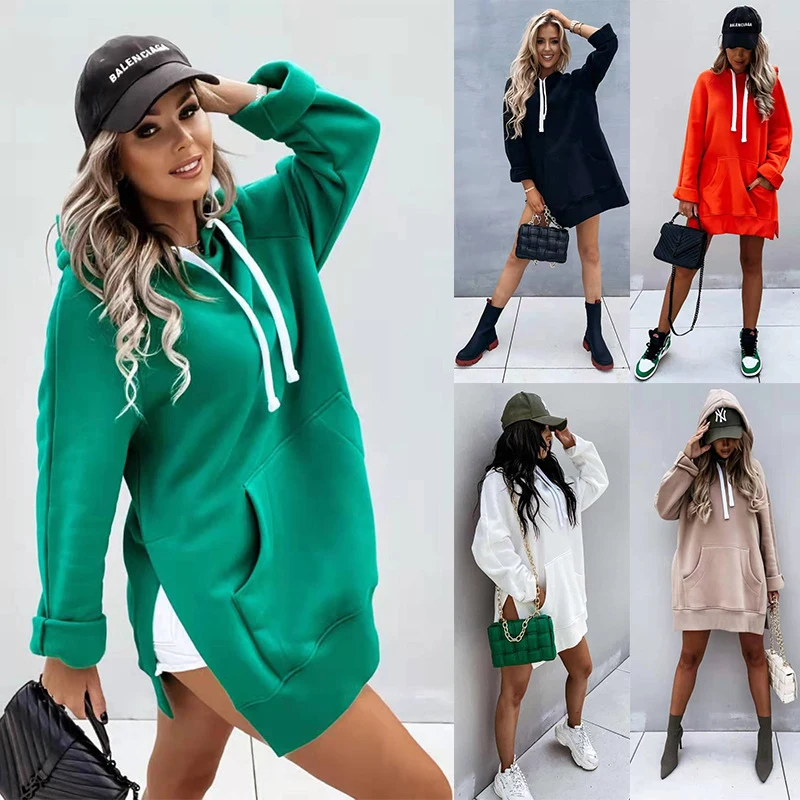 Women's Hooded Sweatshirt With Pockets Fashion Casual Split Mid-Length Sweater Drawstring Tops