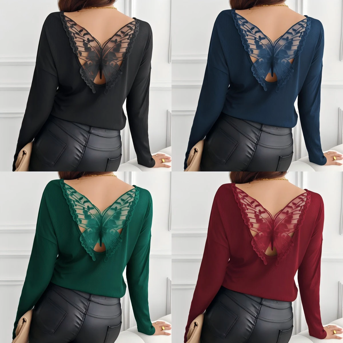 Women's Solid Color Back Stitching Pansy Rib Long-Sleeved T-Shirt