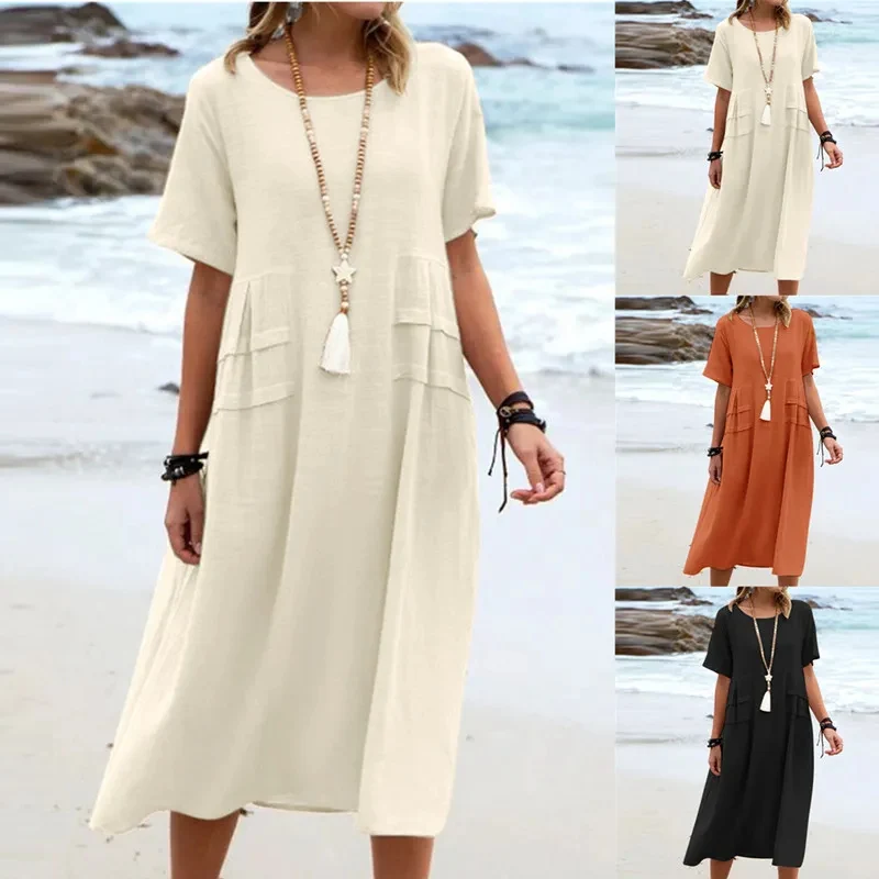 Women's Summer Loose Casual Midi Dress Breathable Cotton Linen Short-Sleeve Mid-Length Dresses Women Simple Beach Dress